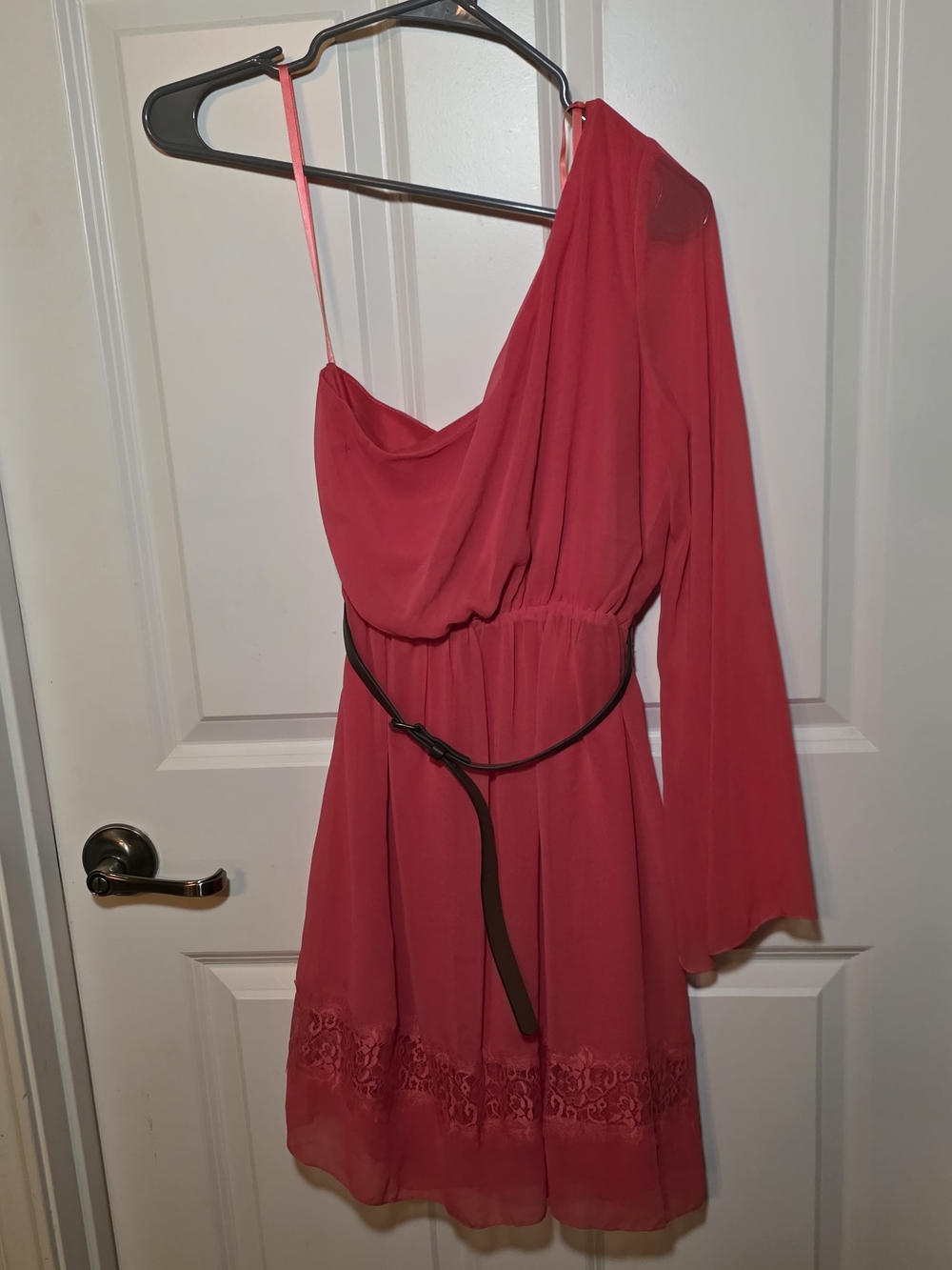Women's One-Shoulder Coral Chiffon Dress with Belt